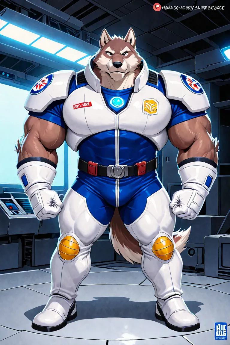 Muscular anthropomorphic wolf. Space soldier. blue and white uniform .  long white gloves. spaceship