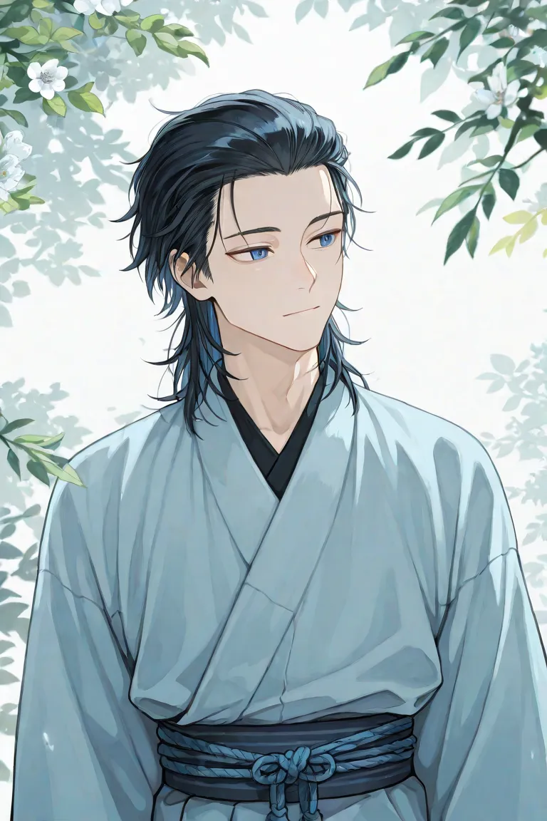 A delicate and serene anime-style male character with short, slightly messy black and hair is neatly slicked back, with a few strands falling to the side of his face and striking blue eyes. He is wearing a traditional white and light blue kimono with a blu...