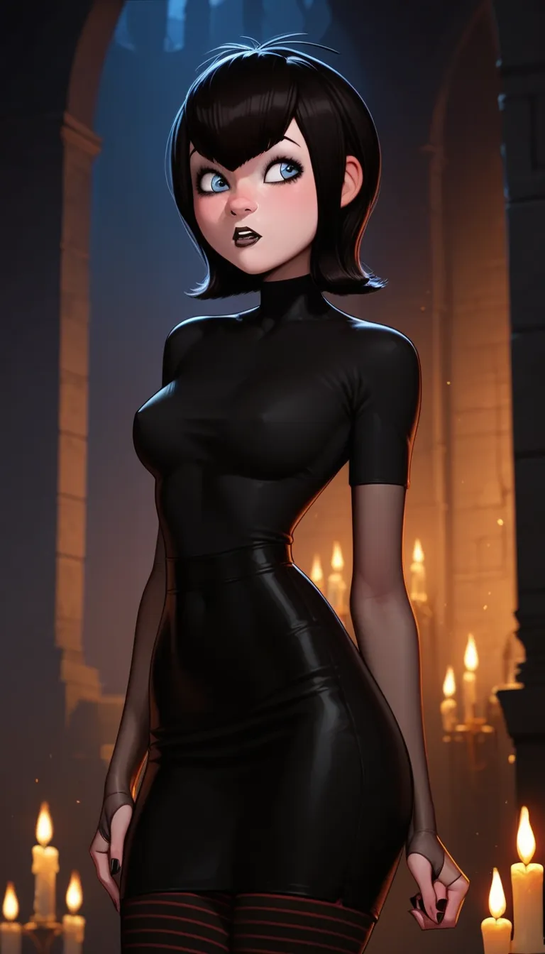 masterpiece,best quality, highly detailed, score_9, score_8_up, score_7_up, score_6_up, score_5_up, score_4_up, Expressive, Mavis from hotel transylvania, girl, goth, black bra, black skirt, black lips, dark eyes, curvy body, medium breast, nipple bulge, s...