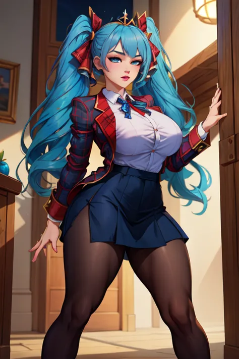 (masterpiece, best quality, absurdres, 4k, aesthetic, detailed, intricate),1girl,nikkecrwn,tiara, hair ribbon, blue hair, twin hair tails,
Sona from League of Legends,   red blazer, black plaid skirt, pantyhose




