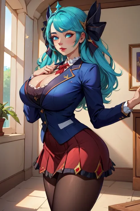 (masterpiece, best quality, absurdres, 4k, aesthetic, detailed, intricate),1girl,nikkecrwn,tiara, hair ribbon, blue hair,
Gwen from League of Legends,   red blazer, black plaid skirt, pantyhose


