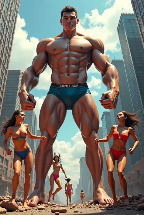 Create me an image of a giant in tight boxers with four giant girls destroying the city 