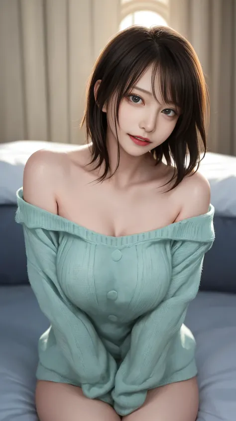 table top, for sleeping on your back, photorealistic, finely, high resolution,  8k Wallpaper, perfect dynamic composition, beautiful and delicate eyes,  medium hair, light blue knit sweater、 Bound shoulders  、 bust exposure、Big, Fuller Breasts, , random dy...