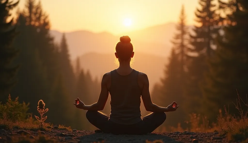 A person meditating in a serene setting, surrounded by nature (a forest or mountains at dawn). The person sits in the lotus position, with a relaxed but upright posture, conveying calm and strength. The main focus is on the human figure, softly illuminated...