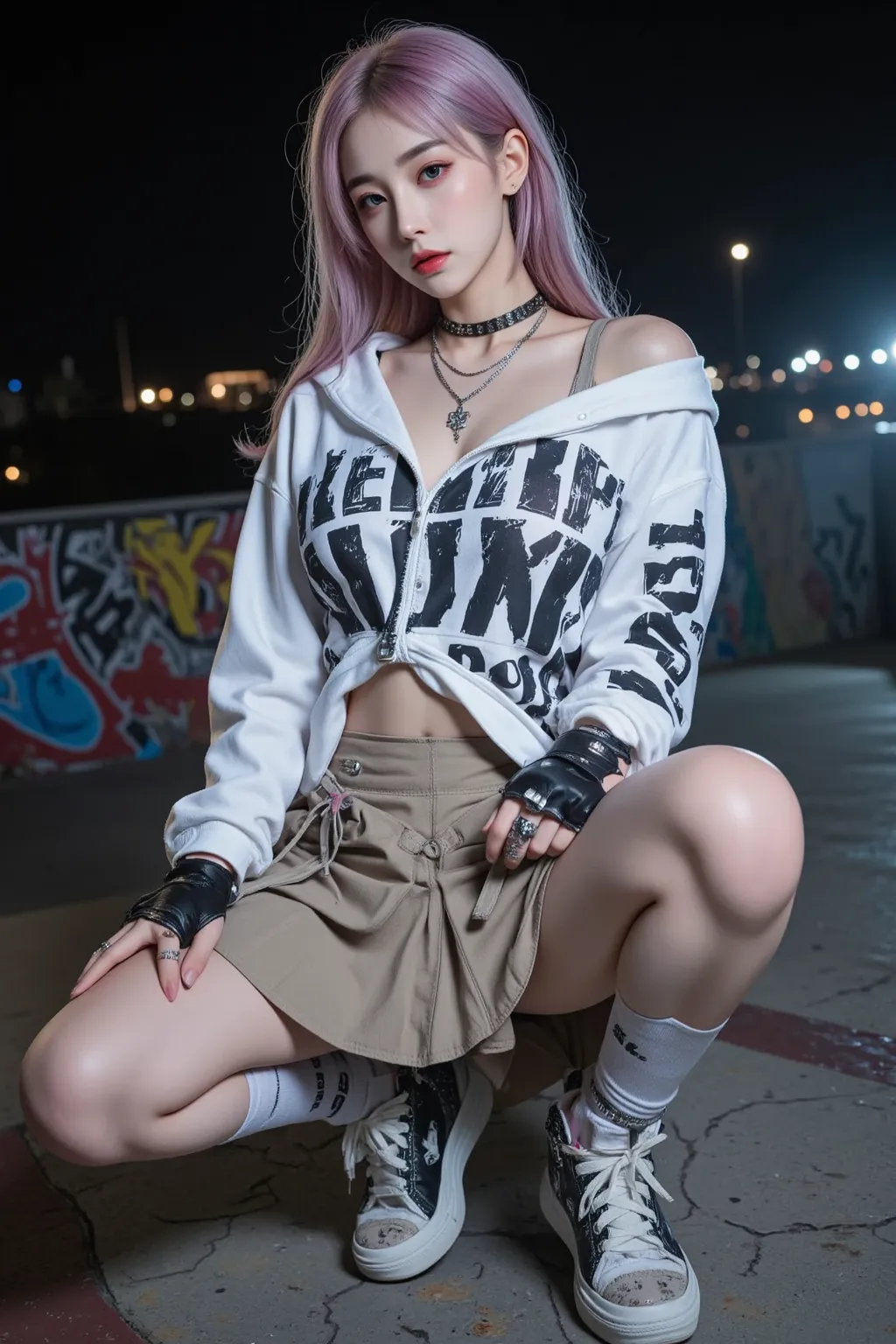 A stunningly beautiful woman in an urban skate park at night, wearing a fusion of high-energy street fashion and modern style. She sports an oversized, distressed graphic hoodie draped off one shoulder, revealing a sleek crop top. The hoodie features bold ...