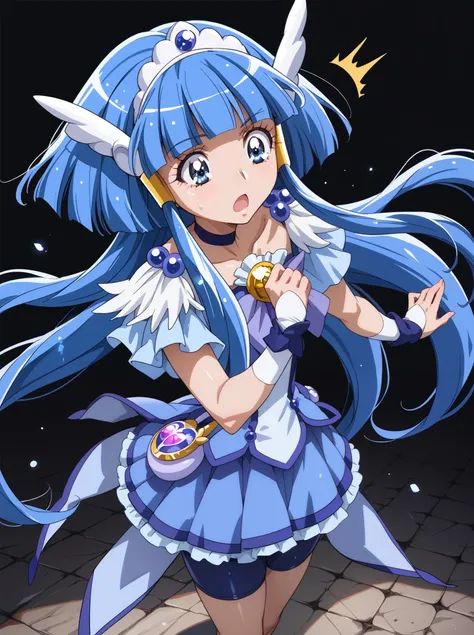 1girl, solo, ((curebeauty)), shiny skin,standing,anime coloring,stone floor,black background,dark blue bike shorts,surprised