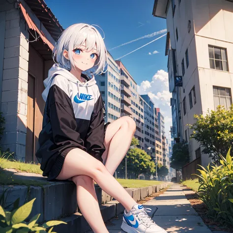 1girl, adult, hoodie, blue eyes, bright white hair, ultrasharp, short hair, 8k, looking at viewer, happy, blush, sfw, full body, sitting on high border, highground, nike sneakers