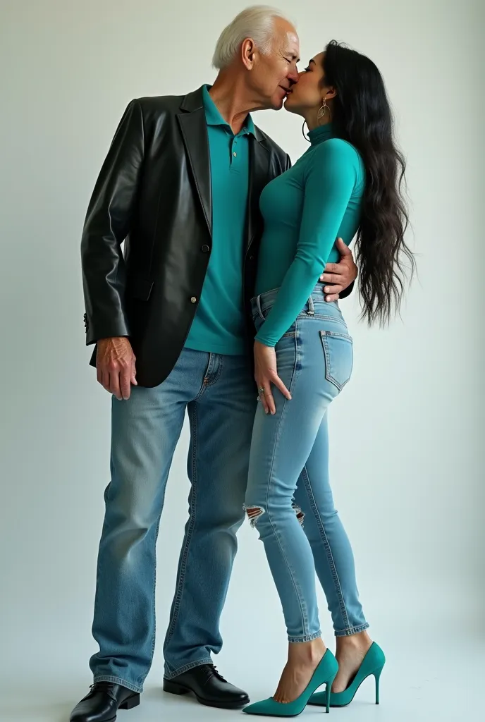 Full Body Photo. Sitting in their full height from head to toe. 8K HD Image. Studio Background. Korean woman kissed Joe Biden on the lips. Bergaya photography, tall and beautiful korean woman,black hair, huge butt, abs are cracked, navel is visible, big br...