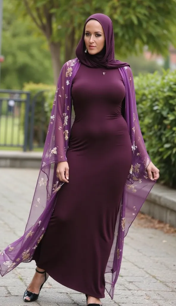 Fair skin young long hair muslim busty booty slim thick curvy flaunts curves in extremely skin tight full muslimah dress. head covered hijab and shoulder draped by long sheer scarf.long earrings. High heels stan tall dark indian male who has saffron tilak ...