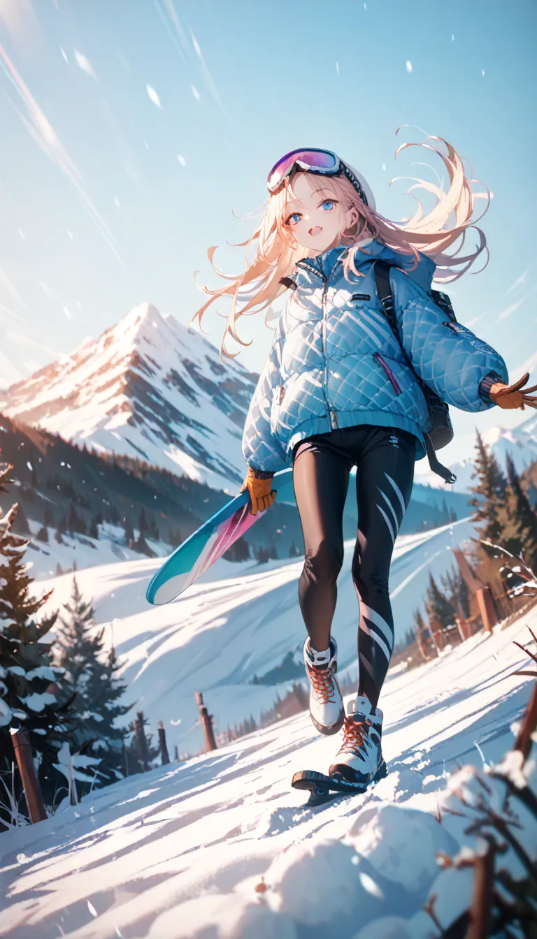 ((best quality)), ((masterpiece)), ( details), A dynamic anime-style illustration of a age girl snowboarding at a ski resort. She is mid-air, performing an exciting jump, her colorful snowboard kicking up a spray of snow. She wears a stylish winter outfit ...