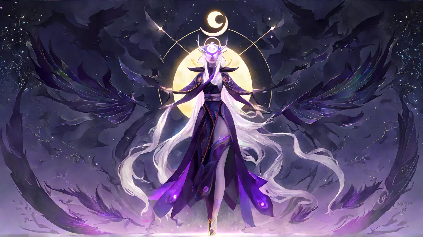 ((Full body)), 1female, Elfo Lunar, long white hair, glowing silver eyes, pale skin, wearing flowing robes with moon and star patterns, holding a staff with a crescent moon, standing in a serene forest under a full moon, moonlight illuminating her figure, ...