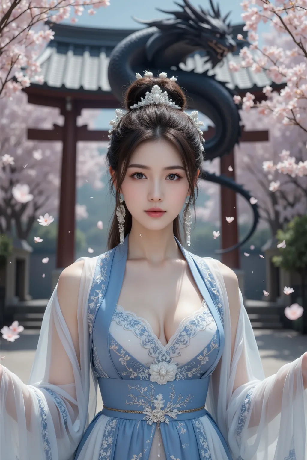 blue and white kimono with a large black dragon behind a woman wearing a mix of traditional Japanese kimono and dress, and the big face of a black dragon。、Lan Ying（Lan Ying）Detailed paintings inspired by。CG Societyでトレンド入りしたファンタジーアート。
Genkami no Koharu（Keqi...