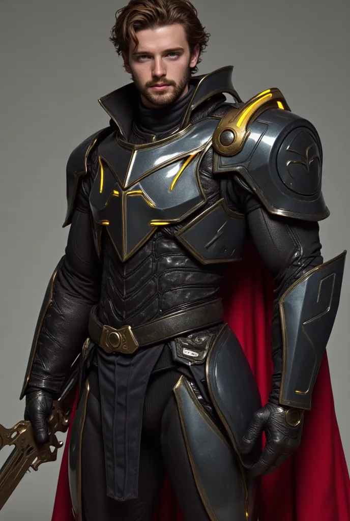 one  men, age 25, of face with finer details, short wavy brown hair, with a futuristic aesthetic. The character must wear a black and dark gray armored suit, with bright yellow lines running through the suit, giving it a high-tech look. The costume include...