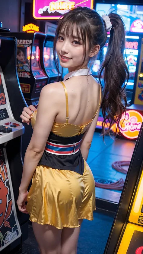 1girl, at night RETRO ARCADE bightest colorful lights, MESSY PONYTAIL HAIR, BRIGHTEST KIND SMILE, VIEWER LOOK, holding viewer hand