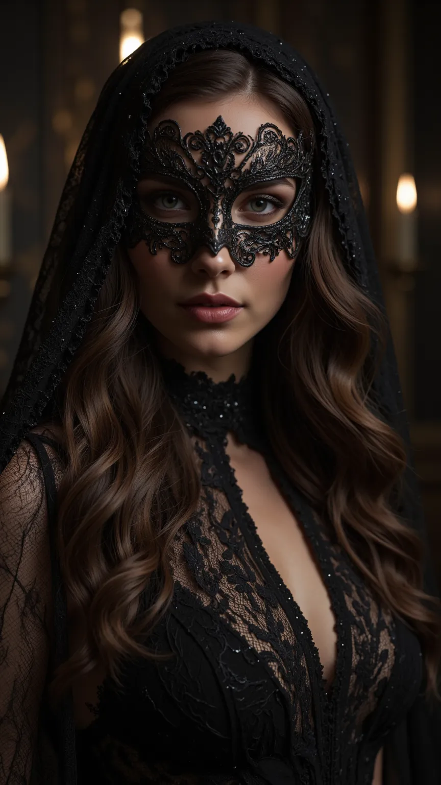 The woman in the image is wearing an elegant black masquerade mask with intricate lace-like detailing. She has long, wavy brown hair cascading down her back and is adorned with a sheer long black veil. She is dressed in a black lace halter-style gown