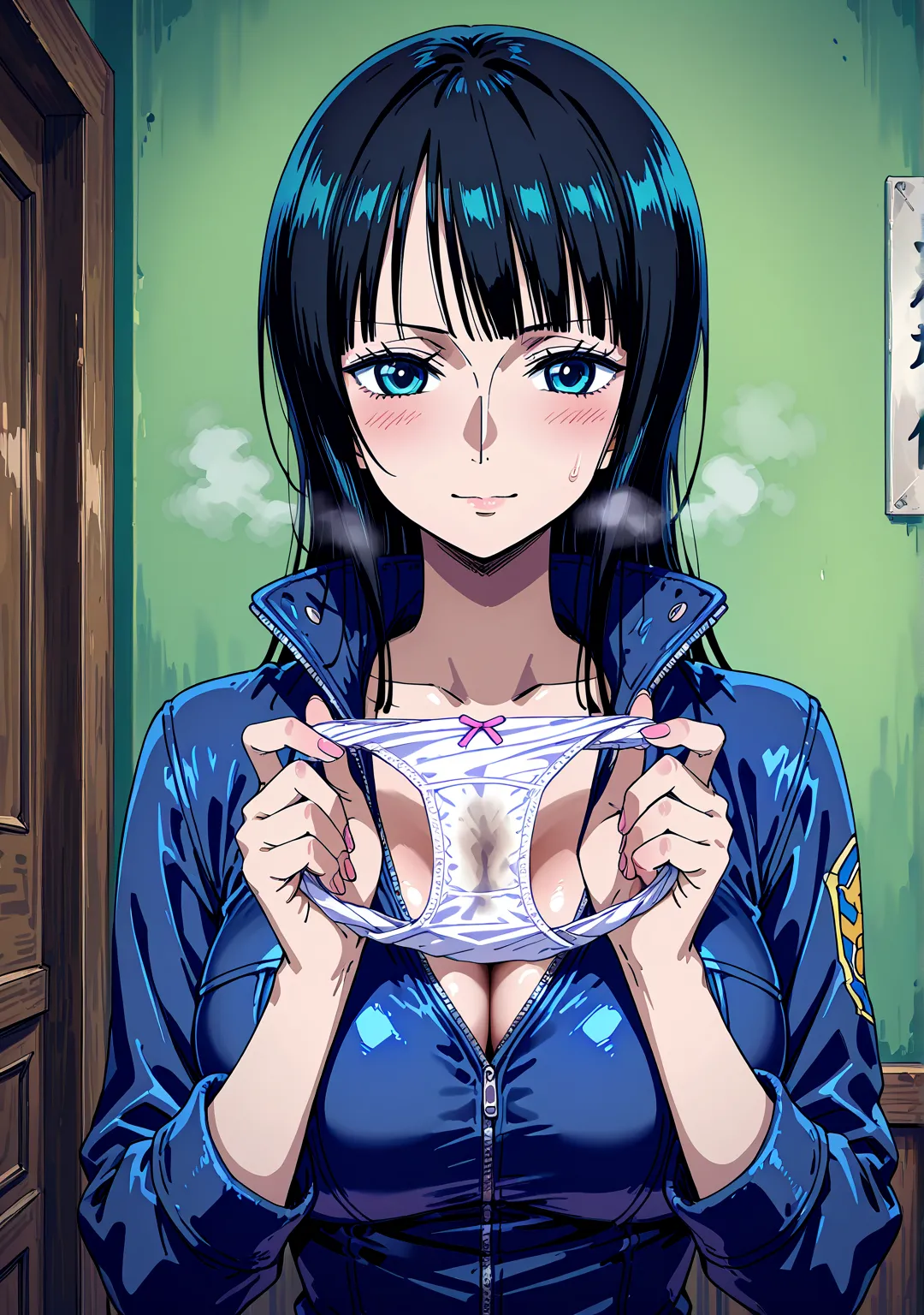 beautiful girl、 nico robin、 troubled face、、 Girls Room、Panties in hand 、holding panties with both hands、 steam coming out of panties 、Please bring me a chest of drawers、 show off your seductive panties 、share、panties close to the screen、upper body、 stains ...