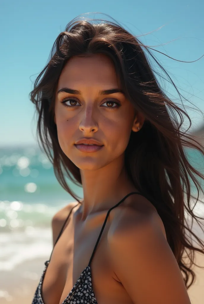 Take a selfie photo on the beach, using exactly that face, dark hair color and reference skin tone 