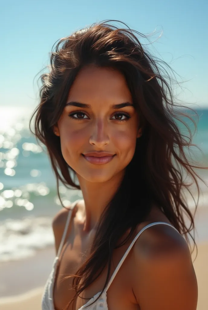 Take a selfie photo on the beach, using exactly that face, dark hair color and reference skin tone 