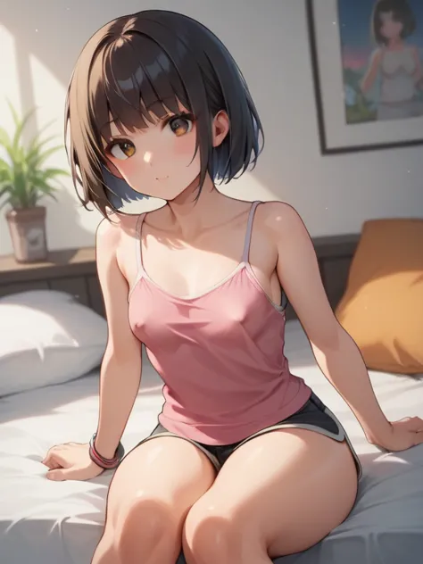 score_9, score_8_ up, score_7_ up,  source_anime，nsfw，uncorrected，Dora the Explorer, alone, cute, small breasts , huge ass, staring at you, brown eyes, on the bed, Lie on the other side, indoors, Black woman, bob cut, (  pink camisole ),  abdomen, loose sh...