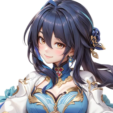 A woman in a blue white costume holds a sword,  Ayaka from Genshin Impact , Zennra Taliyah, girl in a portrait of a knight of the twelve constellations,  Hestia, Genshin Impactのキャリング,  Onmyoji portrait ,  Mischievous Smile, Genshin, Granblue Fantasy, Gensh...