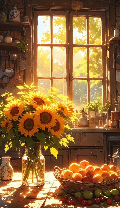 A cozy rustic kitchen bathed in warm golden sunlight streaming through large wooden-framed windows. A bouquet of vibrant sunflowers with lush green leaves sits in a transparent glass vase, reflecting the sunlight. The wooden table is adorned with a beautif...