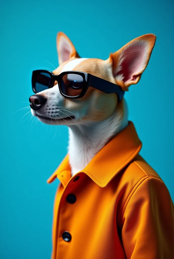 The best cell phone wallpaper, Award-Winning Wallpaper, portrait photography, In the front view is a portrait of a cute dog wearing mid-1960s space age fashion, Side view photo, Shot with Canon EOS R5, Set a strong contrast that accentuates the subject, Fl...