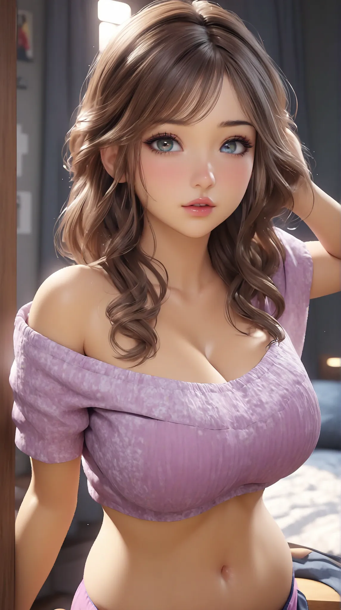 32k. award winning Masterpiece. Highest possible detail. Hyperrealism. Ultra realistic. 32k Ultra HD.  Best quality 3d blender render. Life like 3d render. Beautiful aroused voluptuous college girl. Vibrant, dramatic 