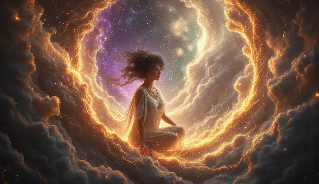 (Best quality, 8k, 4k, super detailed)

 a woman kneeling in a cosmic environment, surrounded by soft clouds, angels, and divine light. The background is adorned with celestial orbs and radiant lines, creating a sense of connection to the universe. The atm...