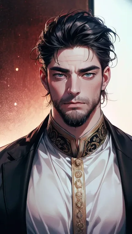 (       ,4K,8k,       highres,       masterpiece :1.2),       ultra-detailed    ,(Realistic,photoRealistic,photo-Realistic:1.37),36-year-old man,3 day beard,Beautiful anime,Portraits,strong,masculine,           with black hair  ,sharp jaw,                m...