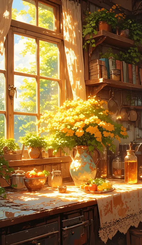 A cozy rustic kitchen bathed in warm golden sunlight streaming through a large wooden-framed window, creating soft sunbeams that illuminate the space. A collection of vibrant yellow flowers with lush green leaves is arranged in ceramic and glass vases, pla...