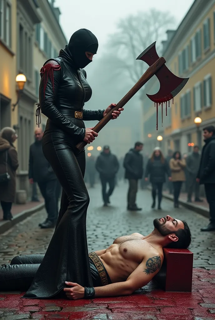 lycra full face balaclava curvy female wear long lycra mermaid bell bottom pants huge belt high platform heels beheading with large bloody axe the male victim lying on the axe block standing opposite to the male victim lying on the axe block on the scaffol...