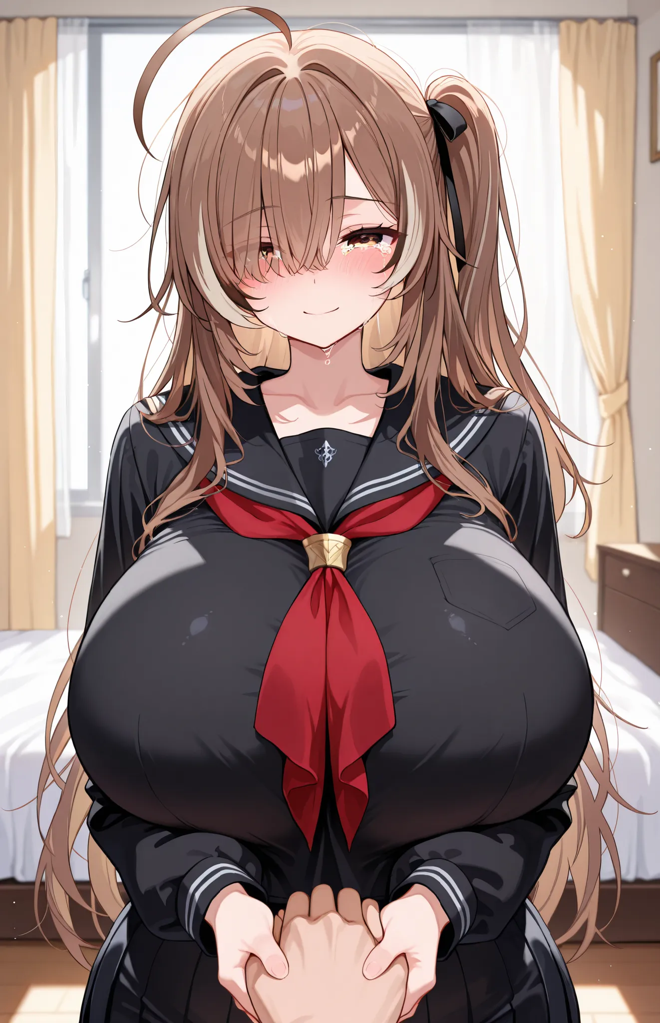 (masterpiece), amazing quality, high resolution, expressive face,smooth,4k, beautiful eyes,gigantic breasts, curvy, wide hips,1 girl,solo,N4nashiMum3i, brown eyes, brown hair, long hair, one side up, multicolored hair, streaked sidelocks, ahoge, hair over ...