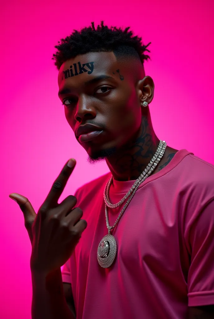  pink background , in the foreground is a black rapper with a diamond pendant on his neck and a tattoo on his forehead "MILKY" , showing the finger of an American gang of crips