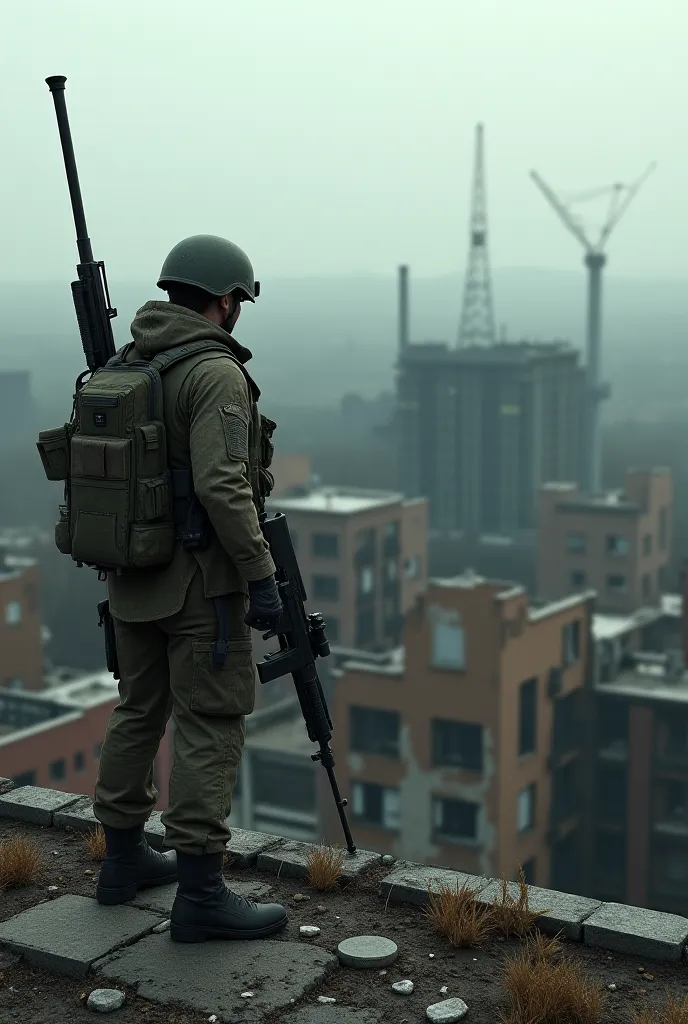 A soldier with an SVD sniper rifle sits on the roof of Pripyat 