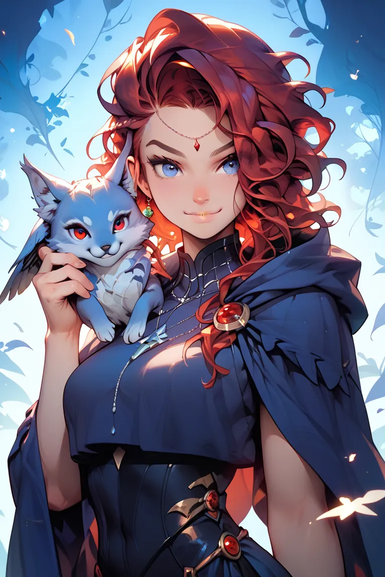 beautiful fae looking at the viewer, body toward viewer, long wavy red hair and blue eyes, closed mouth smile, intense look, mischievous look, standing, holding a raven, raven, moonlight, luminescent flora, fully clothed, thick build,