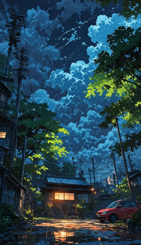 A highly detailed anime-style illustration of a traditional Japanese house under an ominous stormy sky. The small wooden house, with a blue tiled roof and glowing orange lights from within, stands amidst lush green trees and bushes. A red compact car is pa...