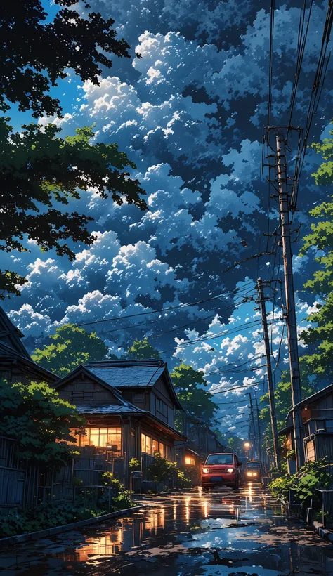 A highly detailed anime-style illustration of a traditional Japanese house under an ominous stormy sky. The small wooden house, with a blue tiled roof and glowing orange lights from within, stands amidst lush green trees and bushes. A red compact car is pa...
