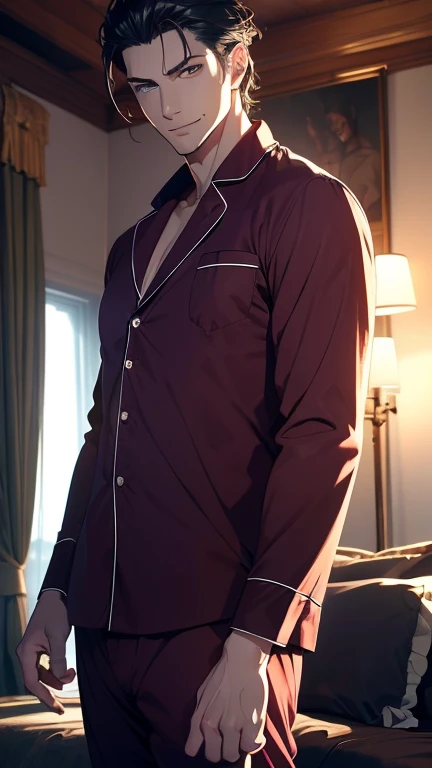 (  pajamas,4K,8k,  highres,  masterpiece  :1.2),  ultra-detailed  ,(Realistic,photoRealistic,photo-Realistic:1.37),34 years old, man,3 day beard,Beautiful anime,Portraits,strong,masculine,   hair with dark hair  ,sharp jaw,  hypnotic emerald eyes  ,  perfe...