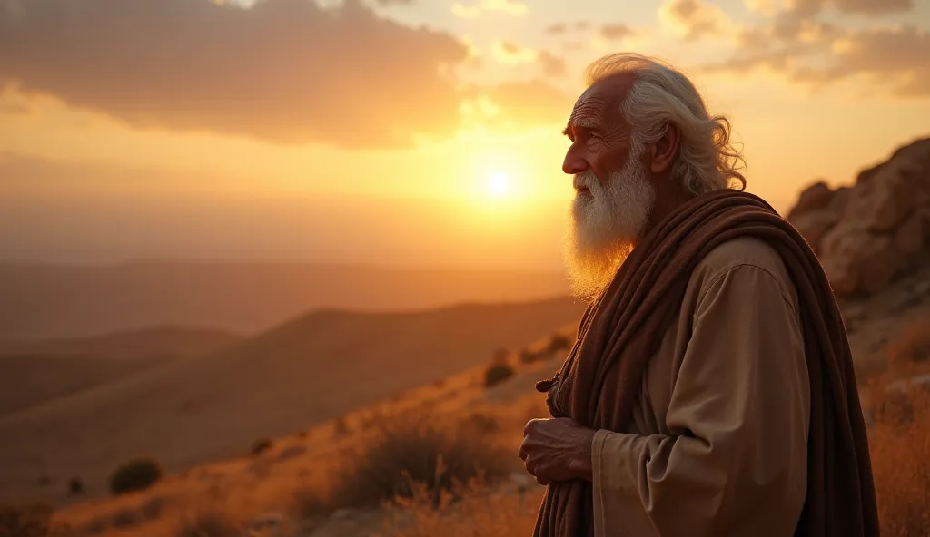 An old man, Abram, with a determined face, standing on a hilltop at dawn, listening intently, a beam of light from the sky shining on him, ancient Middle Eastern landscape, sense of divine communication, realistic and dramatic