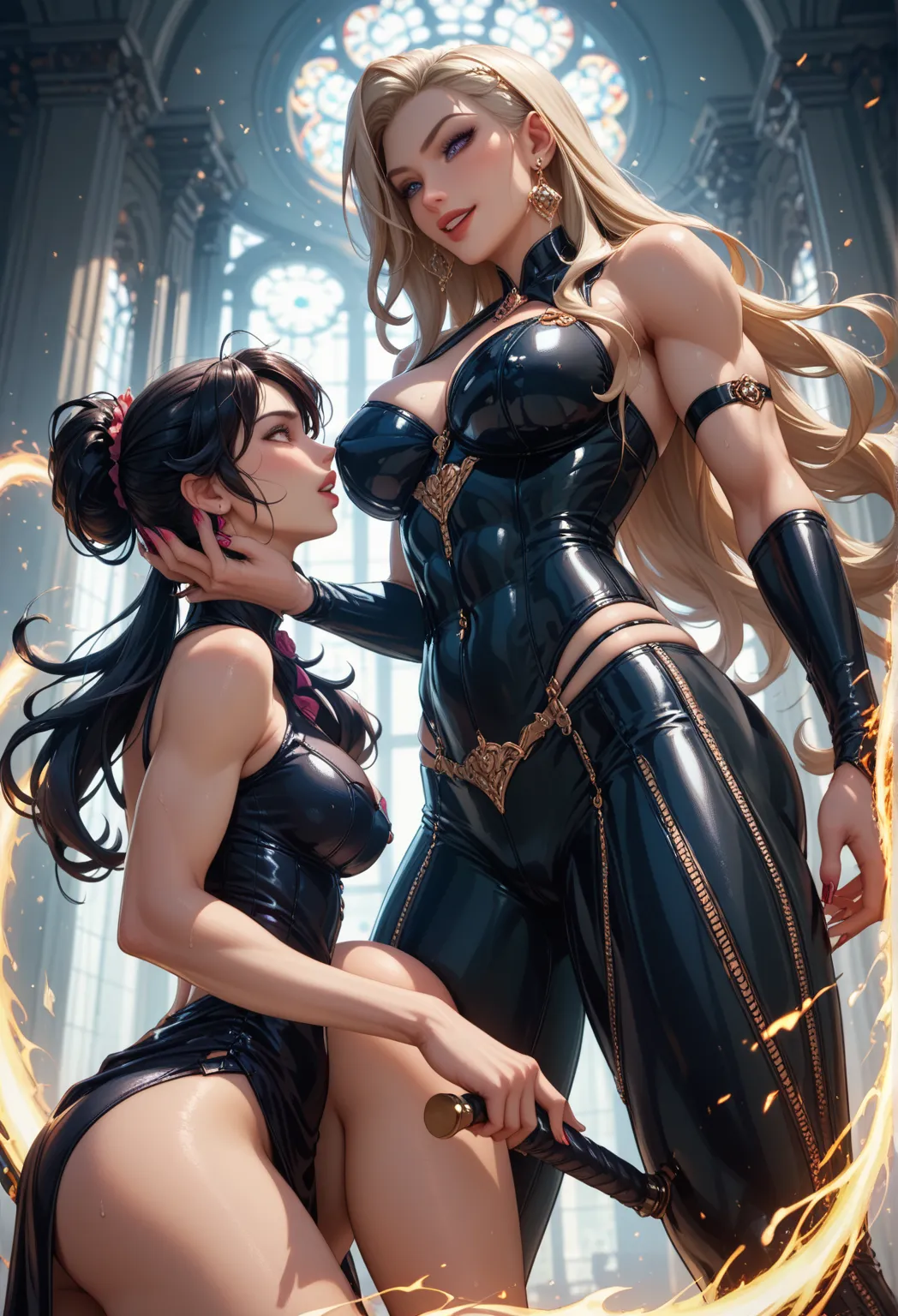 masterpiece, raised details, two s, Lady Nagant in a very tall and muscular biker suit standing behind Reika Shichijou dressed as a petite housewife. Lady Nagant is holding Reika's chin. Femdom in female. through a portal. Different haircut,  different cha...