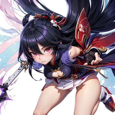 An anime girl wears long black hair and a purple dress、Holding Swords,  Ayaka from Genshin Impact ,  Ayaka from Genshin Impact ゲーム, The charming Ryuko Matoi, dark demon, Ryuko, Chartier Bradforin,  Official Illustration , high detailed  Official Illustrati...