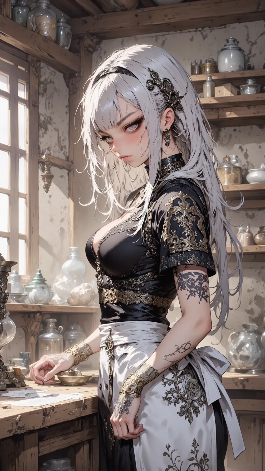 masterpiece、Clear Details、Complex Details、 1girl 、Pointed ears、Blue Eyes、short hair、silver hair、 Black Hair Band 、 Medium Chest 、 Qi Liu Hai、White nails、Red Eyeliner、 Traditional Media 、single braid、long braids、Smile、indoor、bakery、white apron、Lace Pants、 P...