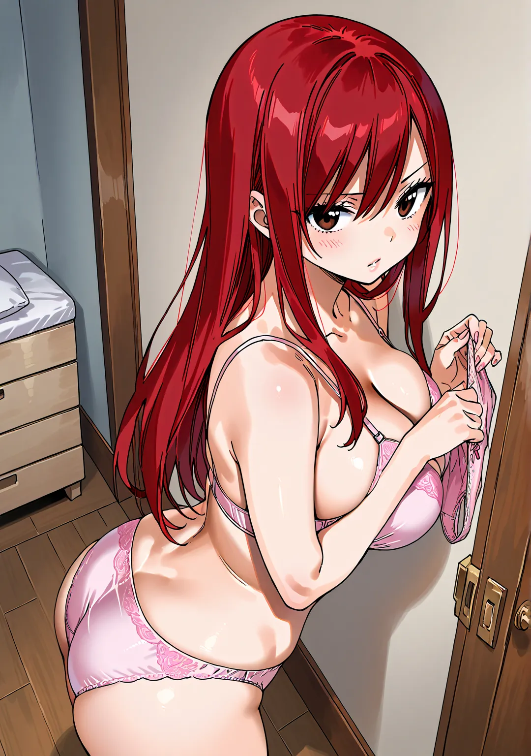 erza scarlet、Elsa、Fairy Tail、Mashima Hiro style picture 、Mashima Hiro's design、beautiful girl、 troubled face、、 Girls Room、Panties in hand 、holding panties with both hands、 steam coming out of panties 、Please bring me a chest of drawers、 show off your seduc...