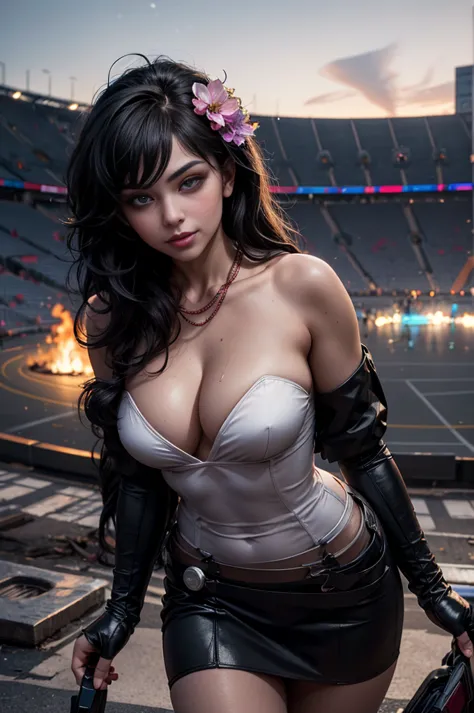 raven branwen, bangs, long black_hair, (white dress), breasts, flower, hair_between_eyes, hair_flower, hair_ornament, standing , in wrecked stadium, bonfires, cracked ground, debris, burst water pipe , crowd, night, stars, (volumetric lighting), intricate ...