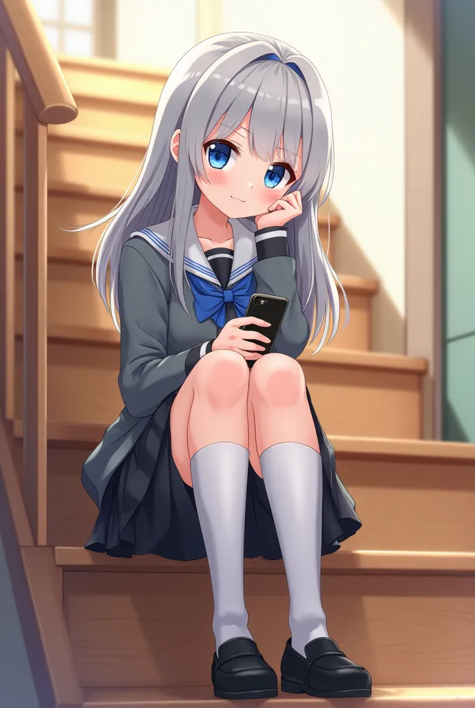 A young woman with silver hair and big blue eyes anime style, with a cheerful smile and her cheek resting on her right hand, sitting on a wooden ladder .  She wears a Japanese school uniform : grey jacket, Black pleated skirt, knee-length white socks and b...