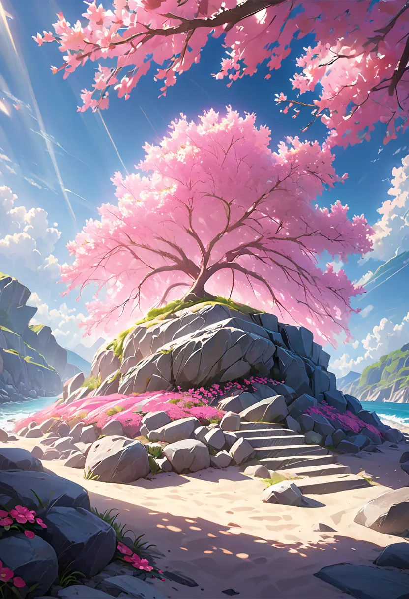 amazing pink tree on a beach rock in the style of a realistic depiction of light, In the style of a realistic depiction of light, aisle,   Art Inspired by Faith , ruins, A scene full of light, Immersive Environments, Floral and natural motifs --ar 14:25  