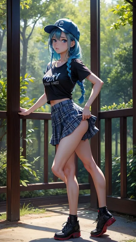 Blue hair、blue eyess、Braids、one good looking girl、 solo、and souls、Plaid miniskirt、Black T-shirt、camisole、the woods、Sunlight、Wearing a plaid baseball cap、bare-legged、 standing with one foot arched, lifting her heel slightly off the ground as if on tiptoe. T...