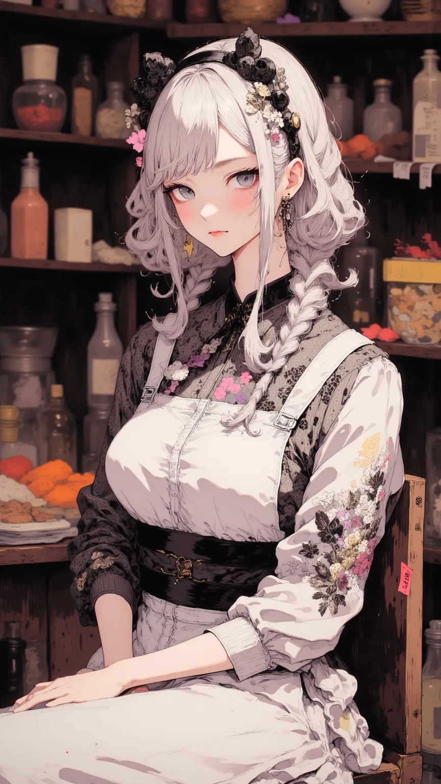 masterpiece、Clear Details、Complex Details、 1girl 、Pointed ears、Blue Eyes、short hair、silver hair、 Black Hair Band 、 Medium Chest 、 Qi Liu Hai、White nails、Red Eyeliner、 Traditional Media 、single braid、long braids、Smile、indoor、bakery、white apron、Lace Pants、 P...