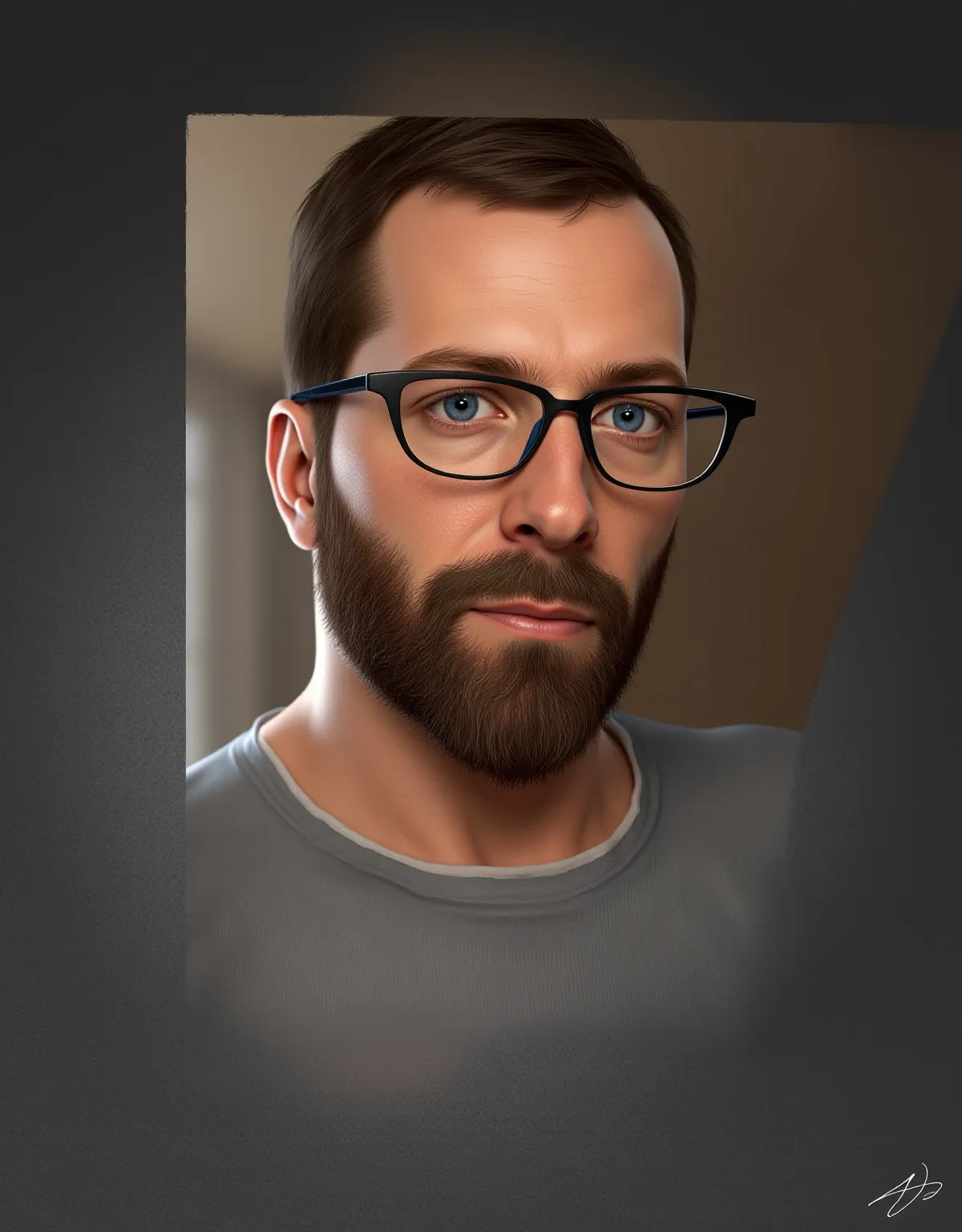 (masterpiece, best quality, highres), (photorealistic:1.3), full body, man, (grey t-shirt:1.2), standing,  (short brown hair:1.1), (beard:1.1), (mustache:1.1), glasses, (looking at viewer:1.0),  plain background, (indoor lighting:1.1),  (natural skin textu...