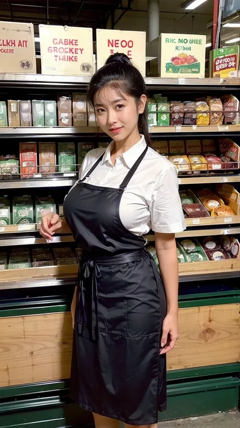 (full body:1.4),(Japanese Woman,forties),(grocery store clerk),(cash register,cashier:1.3),(huge breasts:1.5),(thin waist:1.4),(thin body:1.5),(Shirts and aprons:1.3),(Dark brown hair),(high ponytail,hair slicked back:1.5),(dark skin),(hooked nose:1.5),She...